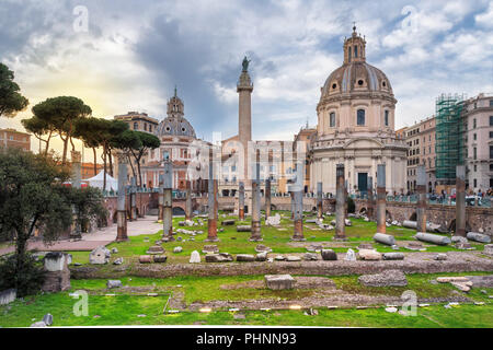 Sunset view of Rome, Italy.  The Trajan's Forum and Basilica Ulpia, in Rome, Italy. Stock Photo