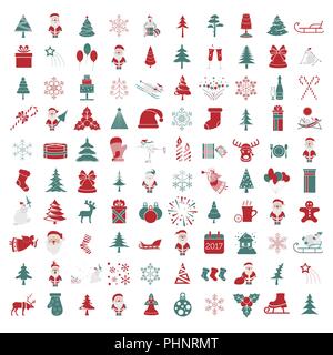 Christmas, New Year holidays icon big set. Red and green colours. Flat style collection. Vector illustration Stock Vector