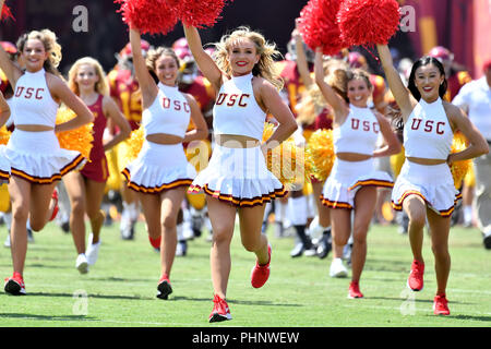 Los Angeles, CA, USA. 1st Sep, 2018. the USC Trojans cheerleaders take the field in action during the first half of the NCAA Football game between the USC Trojans and the UNLV Rebels at the Coliseum in Los Angeles, California.Mandatory Photo Credit : Louis Lopez/CSM/Alamy Live News