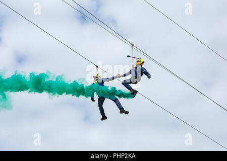 Bournemouth, Dorset, UK. 2nd Sep 2018. UK weather: lovely hot sunny day at Bournemouth beaches as thousands of visitors head to the seaside for the sunshine. Taking a ride on the zip wire. Credit: Carolyn Jenkins/Alamy Live News Stock Photo