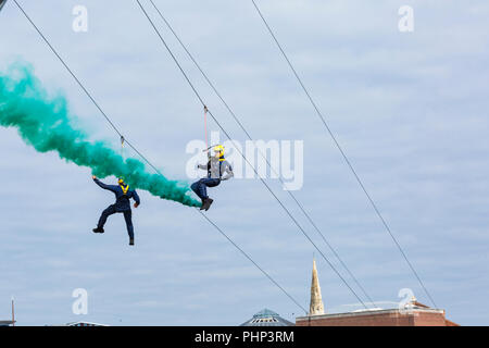 Bournemouth, Dorset, UK. 2nd Sep 2018. UK weather: lovely hot sunny day at Bournemouth beaches as thousands of visitors head to the seaside for the sunshine. Taking a ride on the zip wire. Credit: Carolyn Jenkins/Alamy Live News Stock Photo