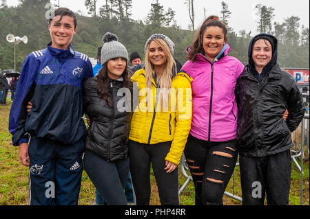 Bantry, West Cork, Ireland. 2nd Sept, 2018. Bantry Agricultural Show is taking place at the Bantry Airstrip today in appalling weather. Pictured at the show are: Dylan Hicks, Bantry; Nicola Burke, Bantry; Emma Hurley, Glengarriff; Danielle Murphy, Castletownbere and Andy Hurley, Glengarriff. Credit: Andy Gibson/Alamy Live News