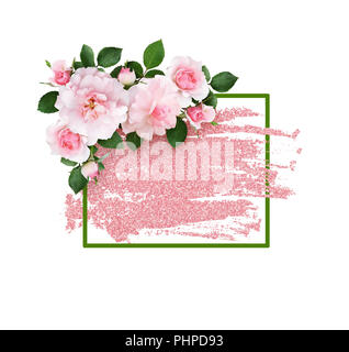 Pink rose flowers and a green frame on glitter brushstroke isolated on white background. Stock Photo