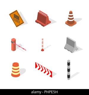 Set of different signs road repairs, isolated on white background. Under construction design elements. Flat 3D isometric style, vector illustration. Stock Vector