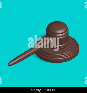 Gavel icon, isolated wooden hammer of judge and stand. 3D isometric style, vector illustration. Stock Vector