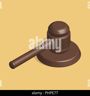 Gavel icon, isolated wooden hammer of judge and stand. 3D isometric style, vector illustration. Stock Vector