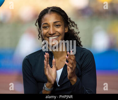 BRUSSELS - BELGIUM, 31 AUG 18. Nafissatou Thiam being introduced to the crowds at the IAAF Diamond League Brussels on the 31nd August 2018 in Brussels Stock Photo