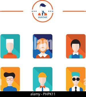 Set of avatar flat design icons. Young man and male faces Stock Vector