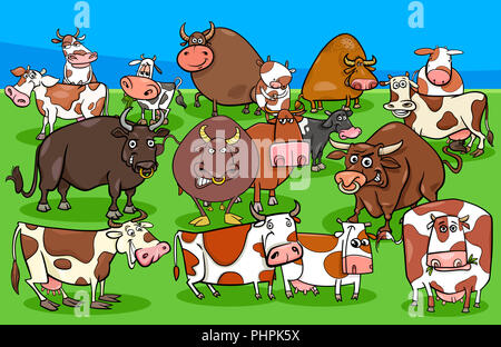 cows and bulls farm animal characters group Stock Photo