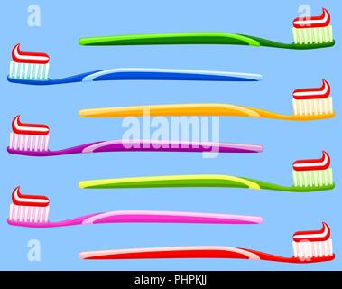 Multicolor cartoon toothbrush with toothpaste set Stock Vector