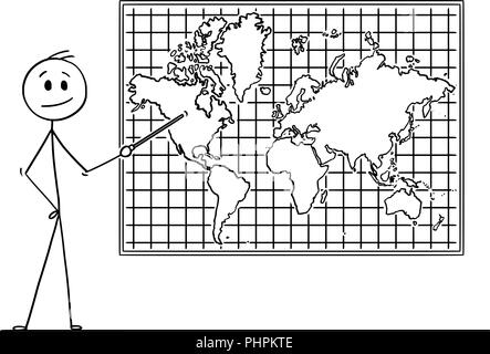 Cartoon of Man Pointing at North America Continent on Wall World Map Stock Vector