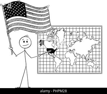 Cartoon of Man Holding US Flag and Pointing at United States of America on Wall World Map Stock Vector
