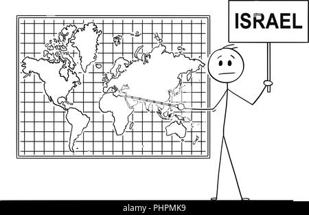 Cartoon of Man Pointing at State of Israel on Wall World Map Stock Vector