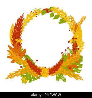 Autumn leaves circle frame in hand drawn style. Vector colorful orange leaves. Stock Vector