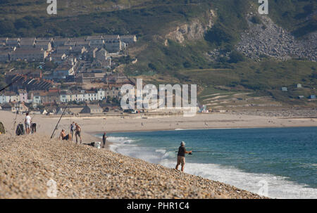 Looking eastwards in the afternoon towards Chesil Cove with the Isle of Portland as a backdrop with anglers fishing on Chesil beach. Dorset England UK Stock Photo