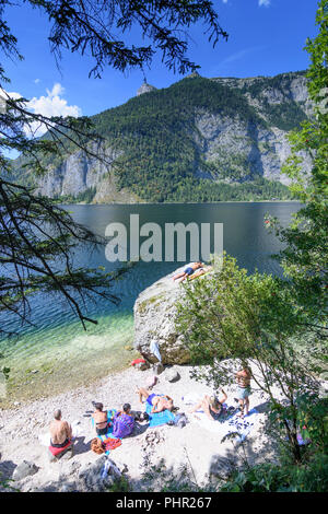 Altaussee: lake Altausseer See, beach, bather, Ausseerland-Salzkammergut, Steiermark, Styria, Austria Stock Photo