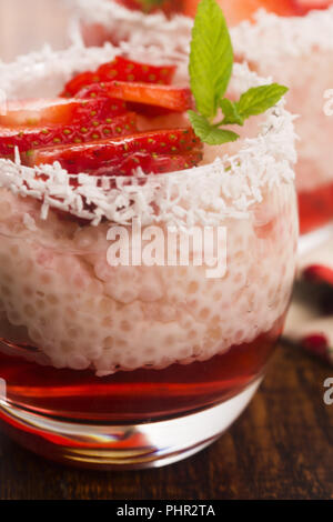 A serving of strawberry over tapioca and jelly Stock Photo