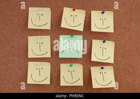 Notes with smiley face and sad faces on bulletin board. Close up. Stock Photo