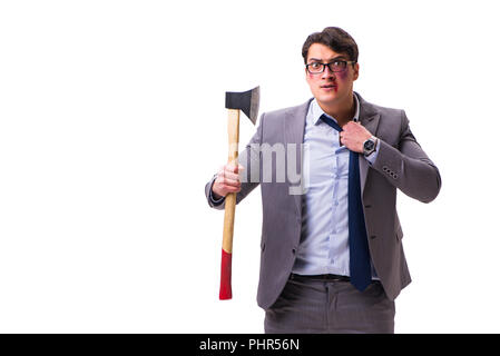 Angry businessman with axe isolated on white Stock Photo