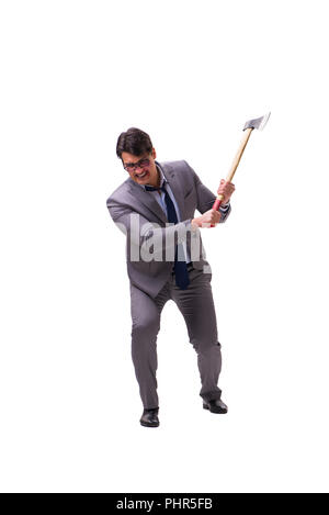 Angry businessman with axe isolated on white Stock Photo