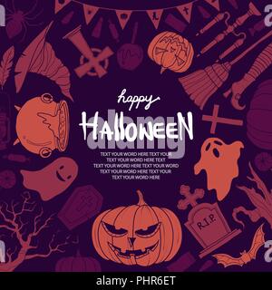Silhouette Halloween stuff random on purple background with space for text. Background or poster design for halloween event in vector illustration. Stock Vector