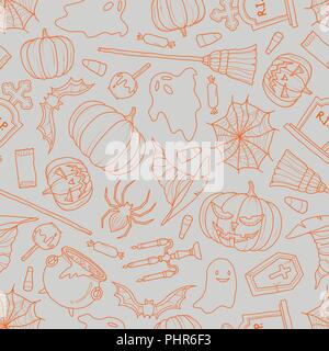 Halloween stuff in orange outline random on gray background. Seamless pattern background design for Halloween event in vector illustration. Stock Vector