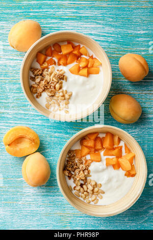 Homemade yogurt with granola, apricot and pine nuts Stock Photo