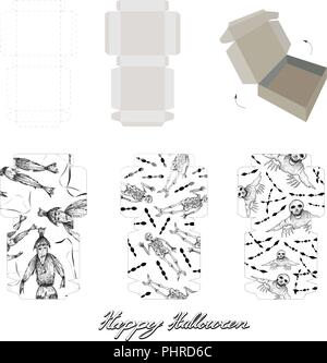 Die Cut Template Pattern of Takeaway Carton Box Mock Up for Package Design with Evil for Halloween Celebration Party. Stock Vector