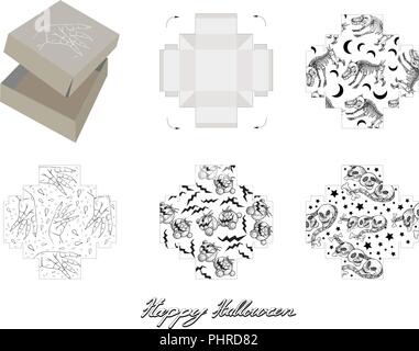 Die Cut Template Pattern of Takeaway Carton Box Mock Up for Package Design with Jack-o-Lantern Pumpkins, Evils and Monsters for Halloween Celebration  Stock Vector