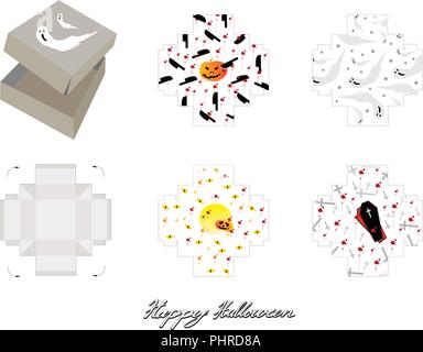 Die Cut Template Pattern of Takeaway Carton Box Mock Up for Package Design with Jack-o-Lantern Pumpkins, Ghost and Vampire for Halloween Celebration P Stock Vector