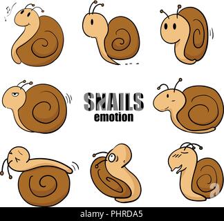Set of isolated little snails cartoon emotion Stock Vector