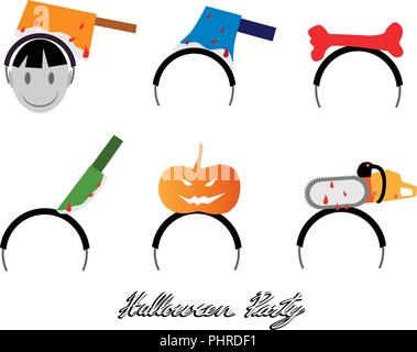 Holidays And Celebrations, Illustration Set of Halloween Costume Headbands or Hair Brands Isolated on White Background. Sign For Halloween Festival. Stock Vector