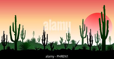 Sunset in the desert. Silhouettes of stones, cacti and plants. Desert landscape with cacti. The stony desert. Stock Vector