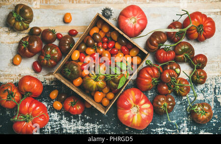 Flat -lay of fresh colorful tomatoes, top view Stock Photo