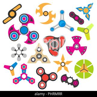 Hand spinner. Fidget toy for increased focus, stress relief. Icon set isolated on white. Vector illustration Stock Vector