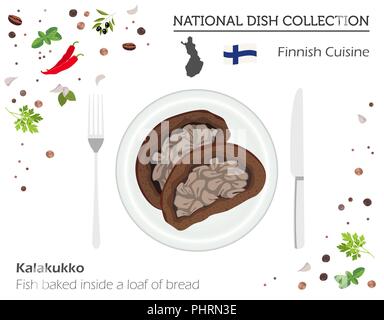 Finnish Cuisine. European national dish collection. Fish baked inside a loaf of bread  isolated on white, infographic. Vector illustration Stock Vector