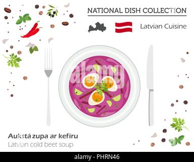 Latvia Cuisine. European national dish collection. Latvian cold beet soup isolated on white, infographic. Vector illustration Stock Vector