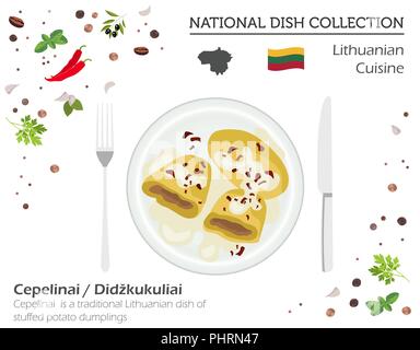 Lithuania Cuisine. European national dish collection. Lithuanian cepelinai, stuffed potato dumpling isolated on white, infographic. Vector illustratio Stock Vector