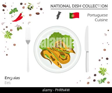 Portuguese Cuisine. European national dish collection. Eels isolated on white, infographic. Vector illustration Stock Vector