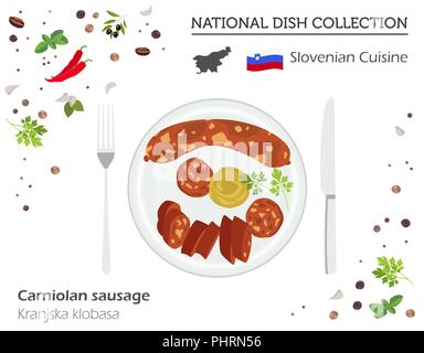 Slovenian Cuisine. European national dish collection. Carniolan sausage isolated on white, infographic. Vector illustration Stock Vector
