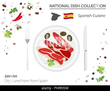 Spanish Cuisine. European national dish collection. Dry-cured ham jamon from Spain isolated on white, infographic. Vector illustration Stock Vector