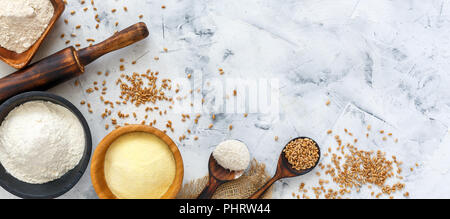 Different types of wheat flour and wheat grain. Stock Photo