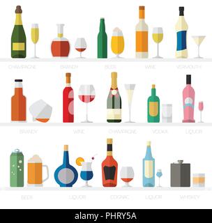 Alcohol glasses and bottles flat icon set. Different alcohol beverages. Vector illustration Stock Vector