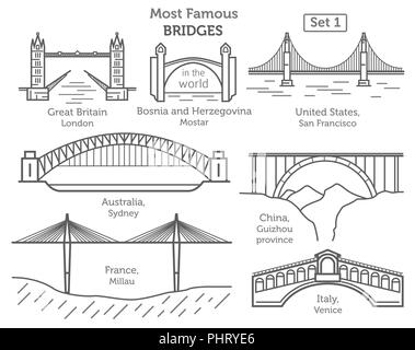 Most famous bridges in the world. Landmarks linear style icon set. Possible use in infographic design. Vector illustration Stock Vector