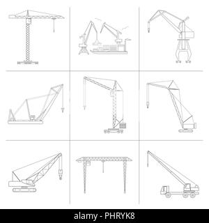Crane and lifting machine. Outline icon set suitable for creating infographics. web site content etc. Vector illustration Stock Vector