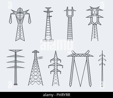 High voltage electric line pylon. Icon set suitable for creating infographics. web site content etc. Vector illustration Stock Vector
