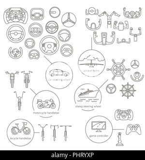 Equipment for transport driving set. Helmet, rudder, steering wheels thin line icons. Vector illustration Stock Vector