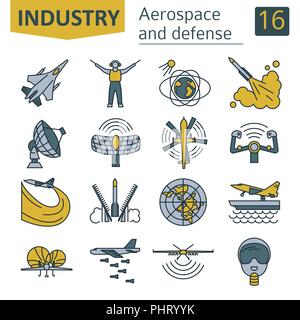Aerospace and defense, military aircraft icon set. Thin line design for creating infographics. Vector illustration Stock Vector