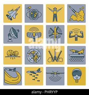 Aerospace and defense, military aircraft icon set. Thin line design for creating infographics. Vector illustration Stock Vector