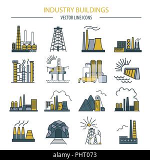 Factory buildings icon set. Colour version design. Vector illustration Stock Vector